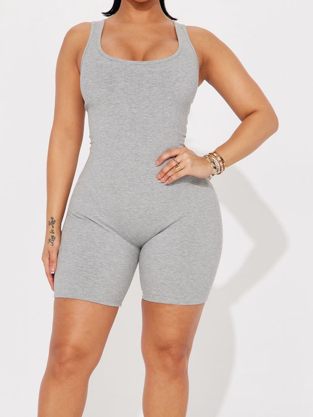 Fashion Nova Snatched Ribbed Scoop-Need e ck Biker Shorts Romper - Gray Size XL